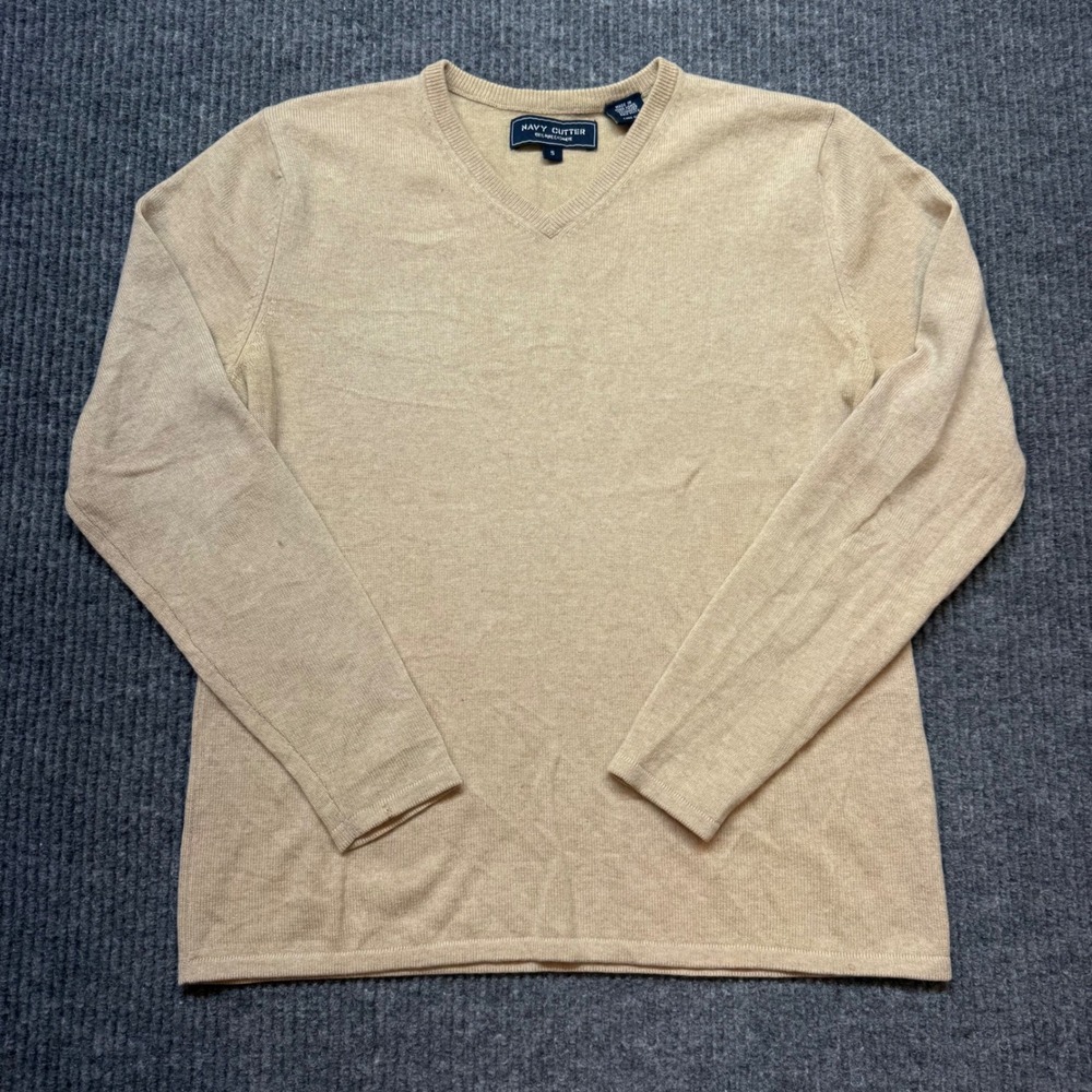 Navy Cutter Cashmere V-Neck Sweater Womens Small Tan 100% Pure Cashmere Knit